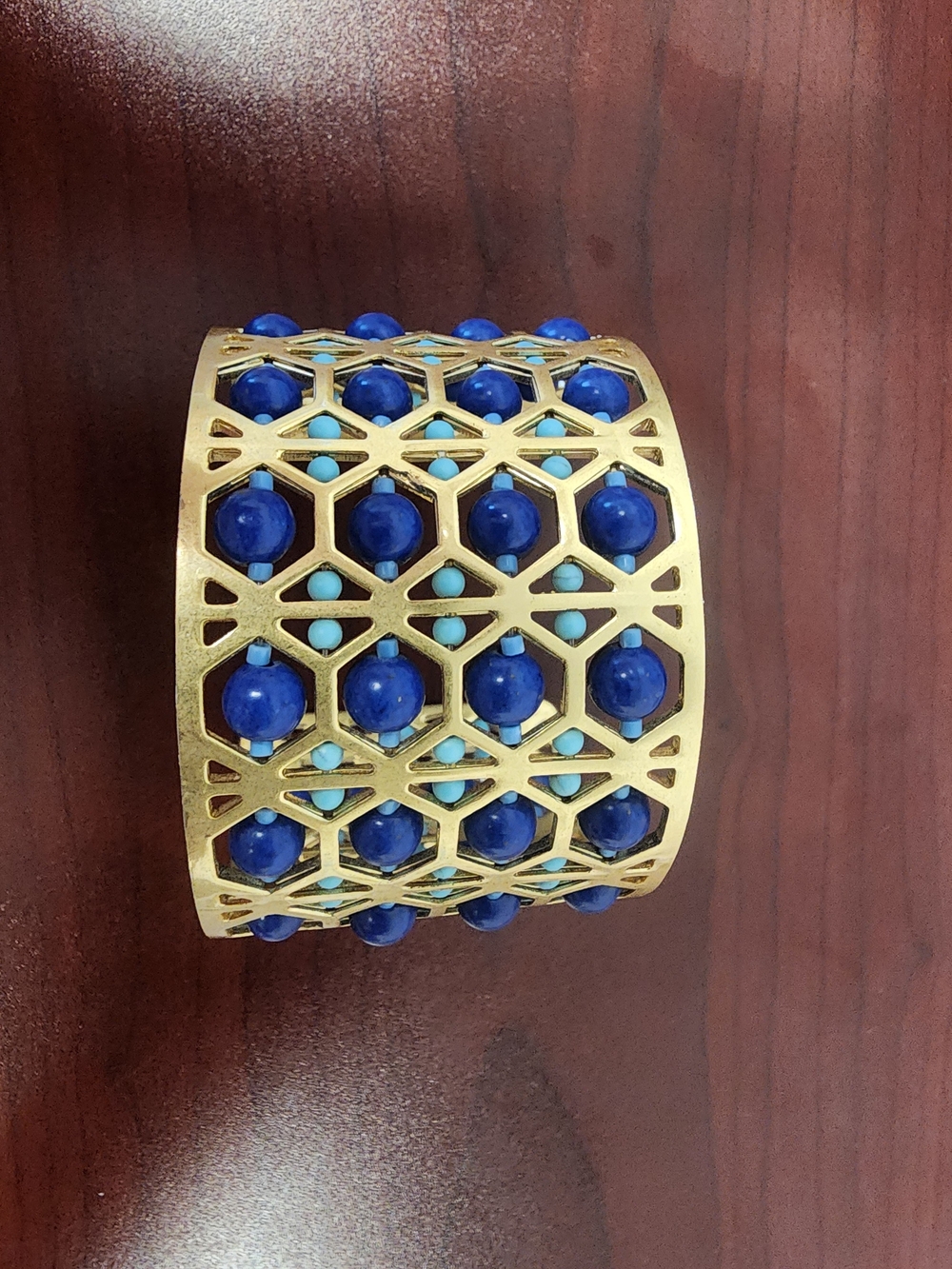 Stella & Dot Abacus Gold-Tone Lattice Cuff with Royal Blue and Light Blue Beads